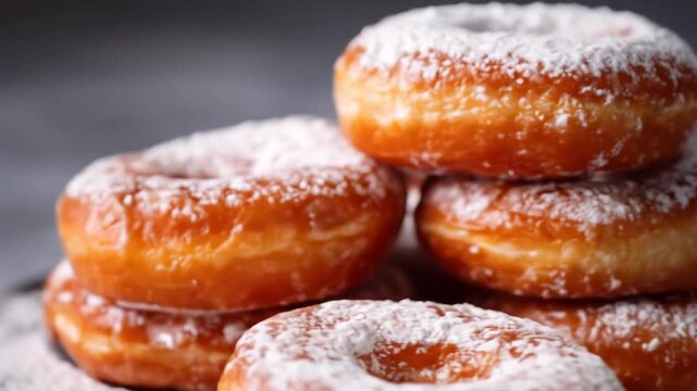 A stack of glazed doughnuts coated in powdered sugar sits close-up. The donuts are golden brown and glistening. Some donuts are in focus