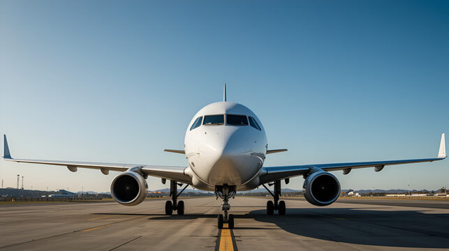 White airplane front view on tarmac under clear blue sky aircraft commercial airliner