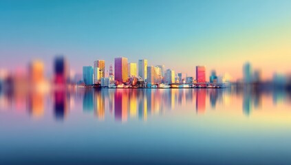 Colorful cityscape reflected in calm water at dawn/dusk
