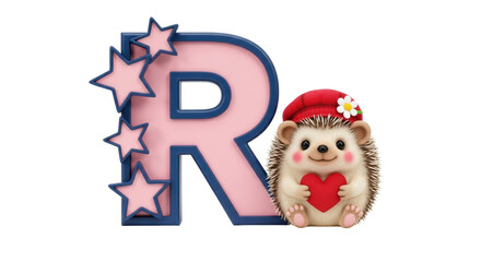 Isolated Letter R with Hedgehog and Stars