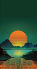 Obraz premium Sunset over a stylized mountain lake. Digitally rendered, vibrant colors, and slightly pixelated