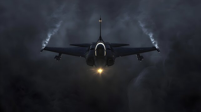 Modern lightweight multirole fighter jet head on flying through dark mist clouds military aircraft landing light air force technology aerial combat power speed (Aircraft)