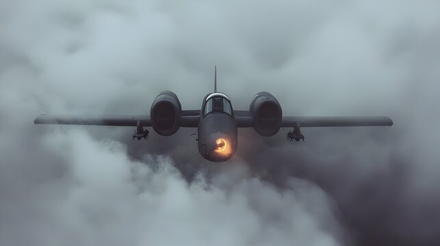 Ground attack aircraft flying head on through smoke battlefield close air support military jet armored tank buster powerful weapon system air force aviation (Aircraft)