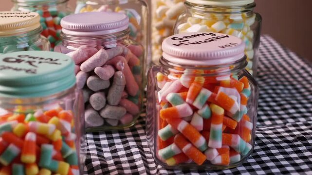 Colorful candy jars display on gingham tablecloth amidst soft lighting and subtle movement