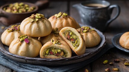 Delicious Middle Eastern pastries with pistachio filling on a wooden surface beside coffee
