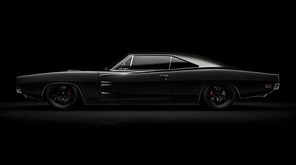 Customized black 1970 classic muscle car side view dark background modified American vintage sports coupe aggressive lowered stance automotive performance power (Automotive)