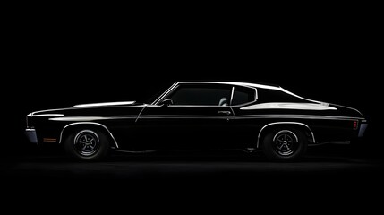 Fototapeta premium Black 1973 American muscle car side profile white roof stripes isolated black background vintage powerful coupe classic automotive restoration collector car power (Automotive)