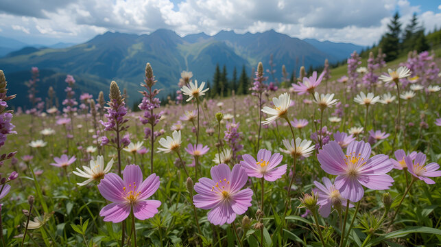 Silene vulgaris (bladder campion) and its phytoassociations in the alpine meadows of the Carpathians. Unique mountain ecosystems. Silene vulgaris blooms against the background of the Carpathian.