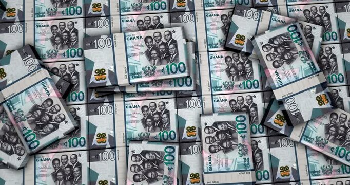 Ghana Cedi Ghanaian money banknotes 3d animation. 100 GHC packs concept of inflation, economy, crisis, business, banking, debt and finance.
