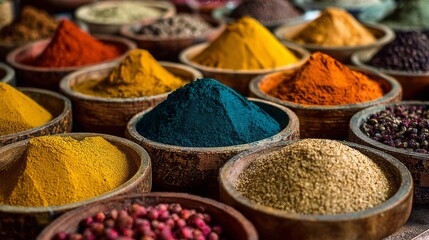 Colorful collection of spices displayed in wooden bowls at a market in the afternoon sunlight showcasing a variety of textures and shades