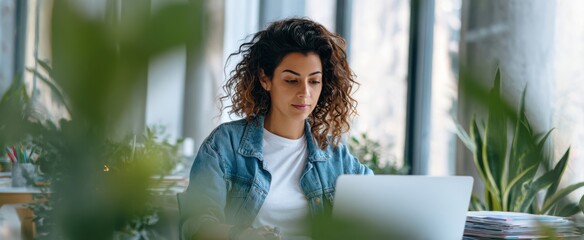 The woman working on her laptop surrounded by greenery in a modern workspace.