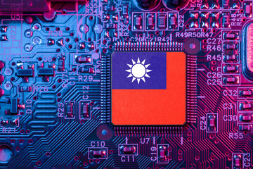 Taiwan on Computer Chip for Taiwanese Chip War Concept. Country chipmakers, Microchip market share.