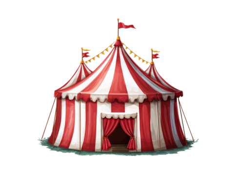 Classic red and white striped circus tent illustration, Isolated On Transparent Background