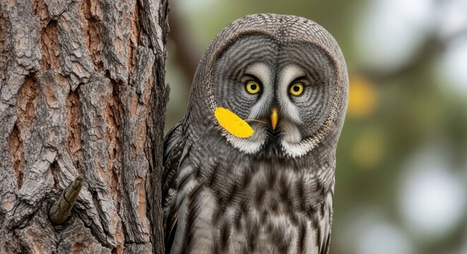 Photo of a closeup portrait of a great grey owl with striking yellow eyes, perched on a tree trunk in a forest, its gaze intense and focused, showcasing its majestic beauty and natural habitat - Powered by Adobe