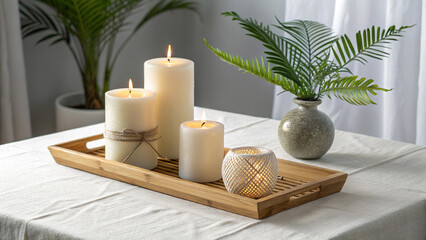 Create a tranquil atmosphere with this zen-inspired decor set featuring lit candles, a decorative plant, and a bamboo tray.