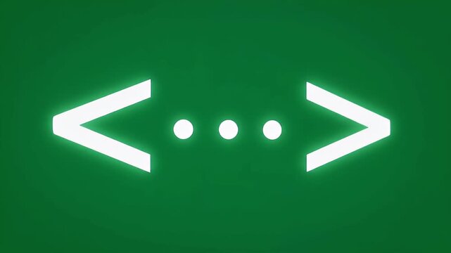 A glowing white code symbol with angle brackets and ellipsis on a green background, representing programming and development.