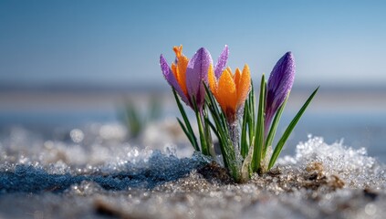 Spring crocuses emerge from icy ground