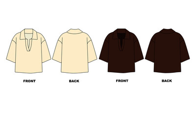 vector illustration of clothes for women. Set for a fashionable short-sleeved polo shirt in yellow and brown. Shirt with collar, front and back view, vector.
