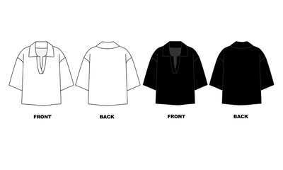 illustration of a set of clotheswhite and black colors. Set of Empty Template for Fashionable Short-Sleeved T-Shirt. T-shirt with collar, front and back view.