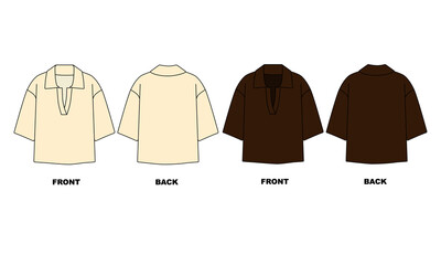 illustration of clothes for women. Set for a fashionable short-sleeved polo shirt in yellow and brown. Shirt with collar, front and back view.
