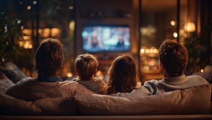 Parents and two children enjoying movie night on sofa, back view, illuminated by warm indoor lighting, depicting family bonding and home leisure time