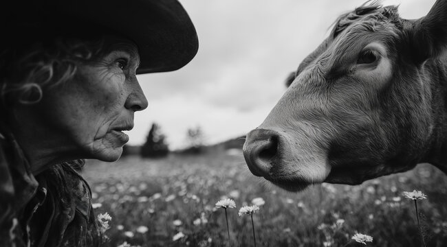 A black and white photograph of the farmer, wearing his hat, standing next to an impressive red cow in nature. The photo captures their connection as they gaze into each other's eyes with love and com