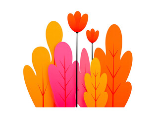 Colorful abstract foliage with orange, yellow, and pink leaves and flowers, modern paper cut style, cheerful and vibrant, suitable for autumn or spring themed design projects