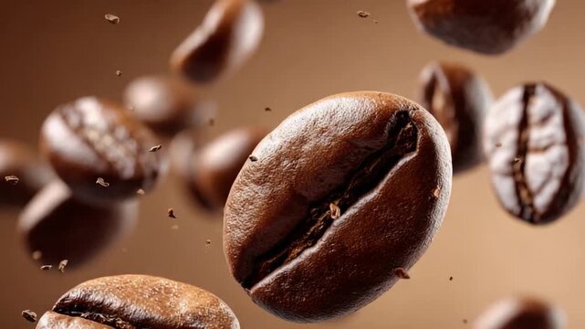 Coffee Bean Cascade: A photorealistic, dynamic shot showcases a cascade of roasted coffee beans, their rich brown hues and intricate textures beautifully accentuated.