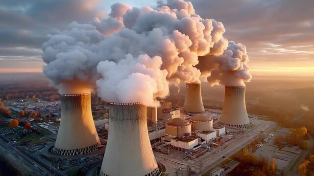 Industrial Smoke Stacks: Massive cooling towers belch clouds of vapor into the atmosphere under a dramatic sunset, the scene a striking portrayal of industrial presence.