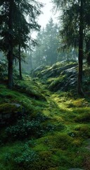 Obraz premium Misty forest path, dappled sunlight on moss-covered rocks and trees