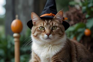 Cat with green eyes in a witch's hat sits in the forest