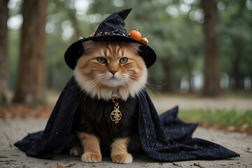 A red fluffy cat in a witch costume sits in the forest