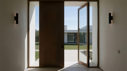 Fototapeta premium Elegant Entrance of Luxury House with Blue Sky and Outdoor Landscape, Natural Ambient Light Photography