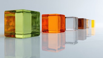 A row of translucent cubes in various colors, reflecting on a light surface