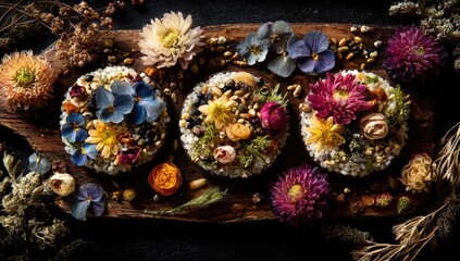 Fototapeta premium Three round, decorative treats, adorned with pressed flowers and dried botanicals, artfully arranged on a wooden board