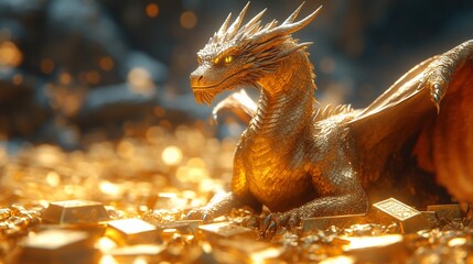 A majestic golden dragon rests on a massive pile of gold bars and coins, illuminated by warm light. Its piercing eyes survey the treasure
