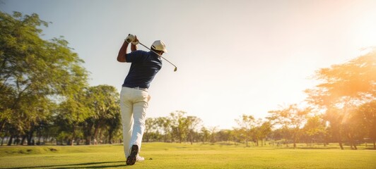 The golfer taking a powerful swing during a beautiful sunset on the course.