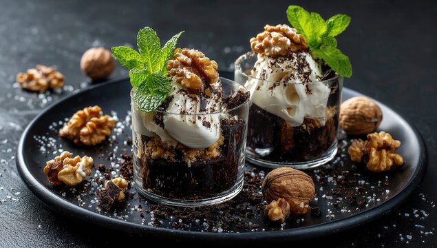 Two small dessert glasses, filled with chocolate brownie layers, topped with vanilla ice cream, chopped walnuts, and fresh mint leaves, are displayed on a dark plate - Powered by Adobe