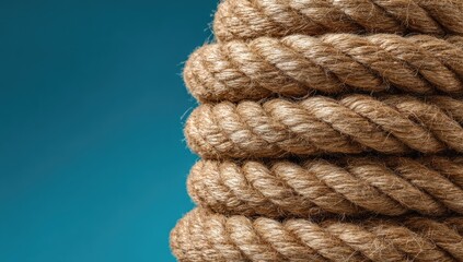 Close-up of stacked, thick rope against teal background