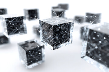 Dynamic network connection cubes representing digital data, modern technology, and complex interconnected systems for business