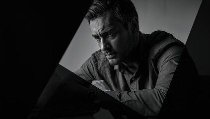 Thoughtful man in grayscale lighting sitting at a desk with a serious expression, modern geometric overlay