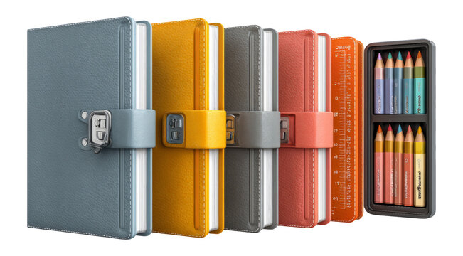 Stylish Collection of Colorful Notebooks and Pencils on White Background