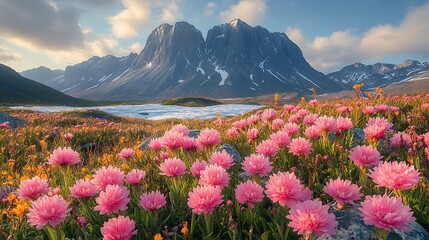 Pink flowers meadow and mountains