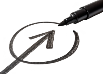 Black marker drawing a circle around an arrow isolated on transparent background