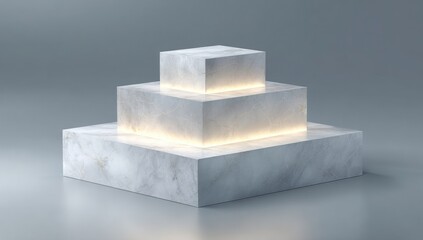 Three stacked, square, light-illuminated marble podiums