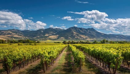 Naklejka premium Panoramic vineyard landscape under a vibrant blue sky