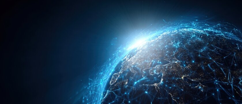 The Earth illuminated by glowing digital connections in a futuristic setting. - Powered by Adobe