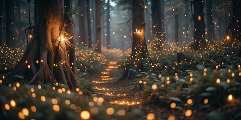 Many fireflies at night in the magic of the forest.
