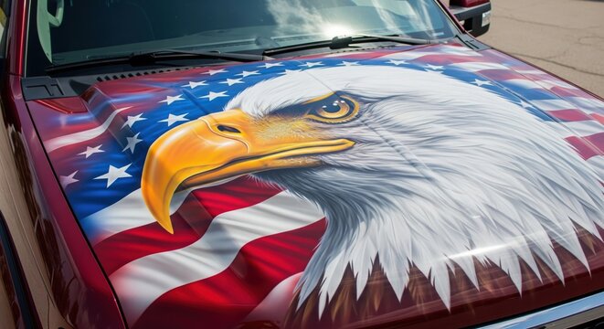 Custom pickup truck with a bald eagle and american flag airbrush painting on the hood