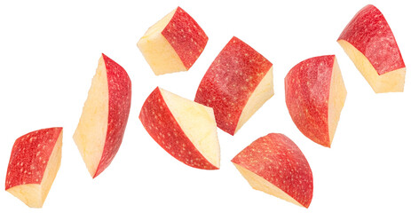 Falling apple slices isolated on white background, full depth of field